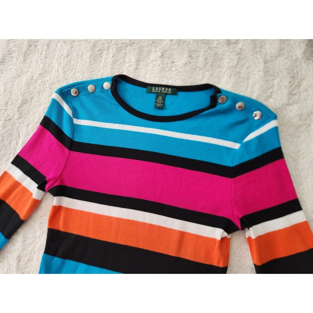Lauren‎ Ralph Lauren Shirt Women XS Long Sleeve Striped Ribbed Knit Shoulder...